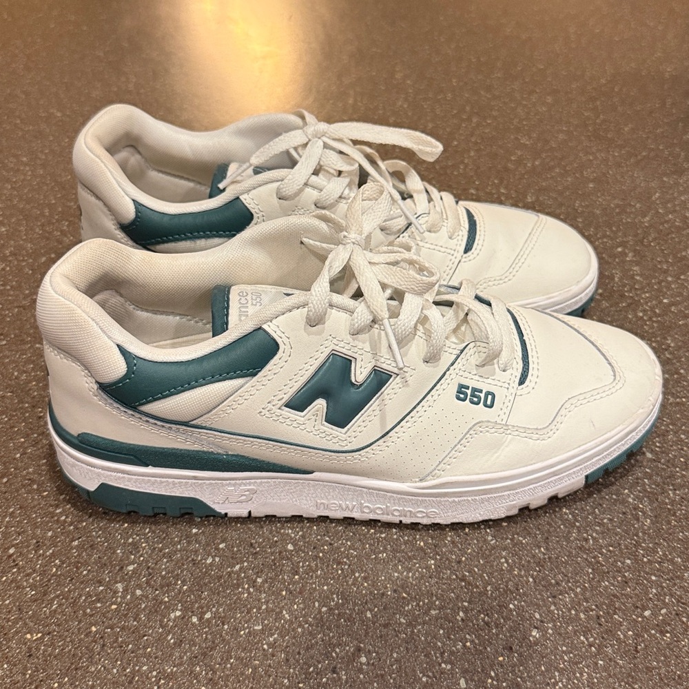 New Balance 550 Cream and Teal Sneakers